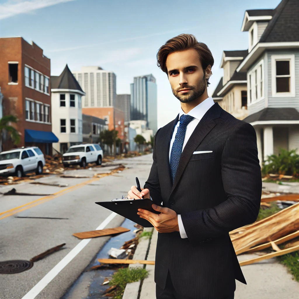 Claim Resource Public Adjuster in Tampa, Florida, standing in front of the storm-damaged building with clipboard.