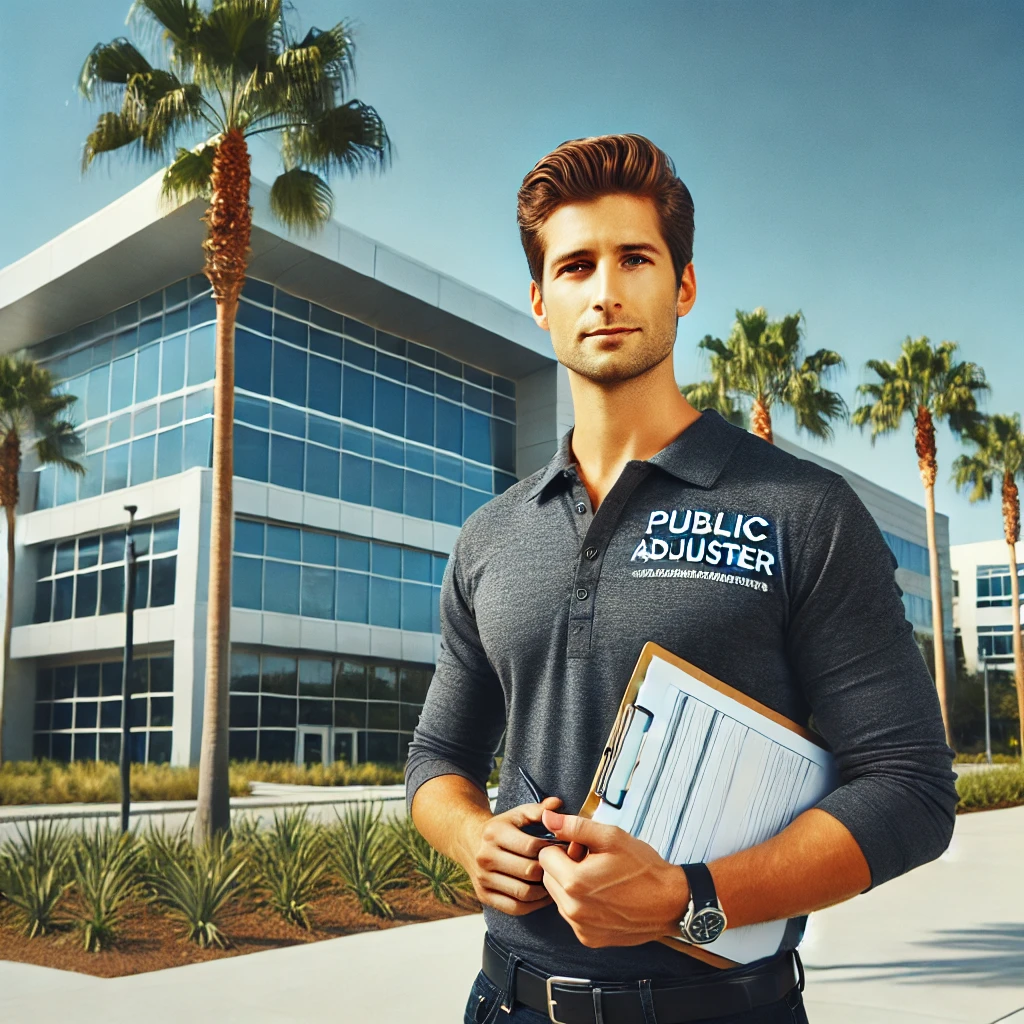 Claim Resource Public Adjusters standing confidently in front of a modern office building with palm trees in Orlando, Florida.