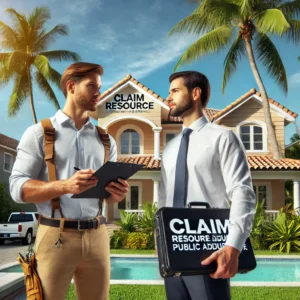 Claim Resource Public Adjuster talking with a homeowner in Miami, in front of a house with palm trees.