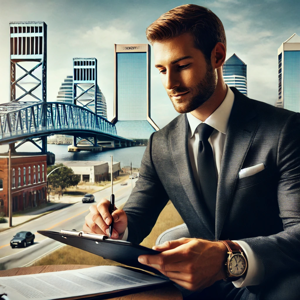 Professional public adjuster from Claim Resource Public Adjusters in Jacksonville, Florida, reviewing documents with a client against the backdrop of the city's skyline.