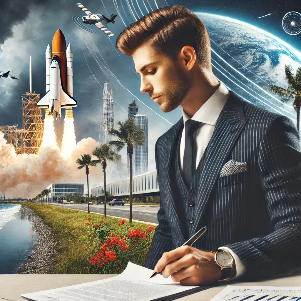 Claim Resources Public Adjuster reviews documents with a space shuttle launch and the Space Coast in the background.