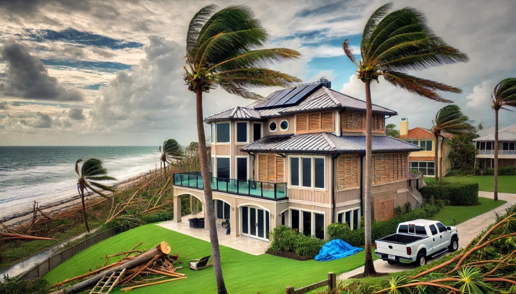 A Florida coastal home with storm protection features, a partially restored roof, and yard debris, illustrating Claim Resources Public Adjusters' role in post-storm restoration.