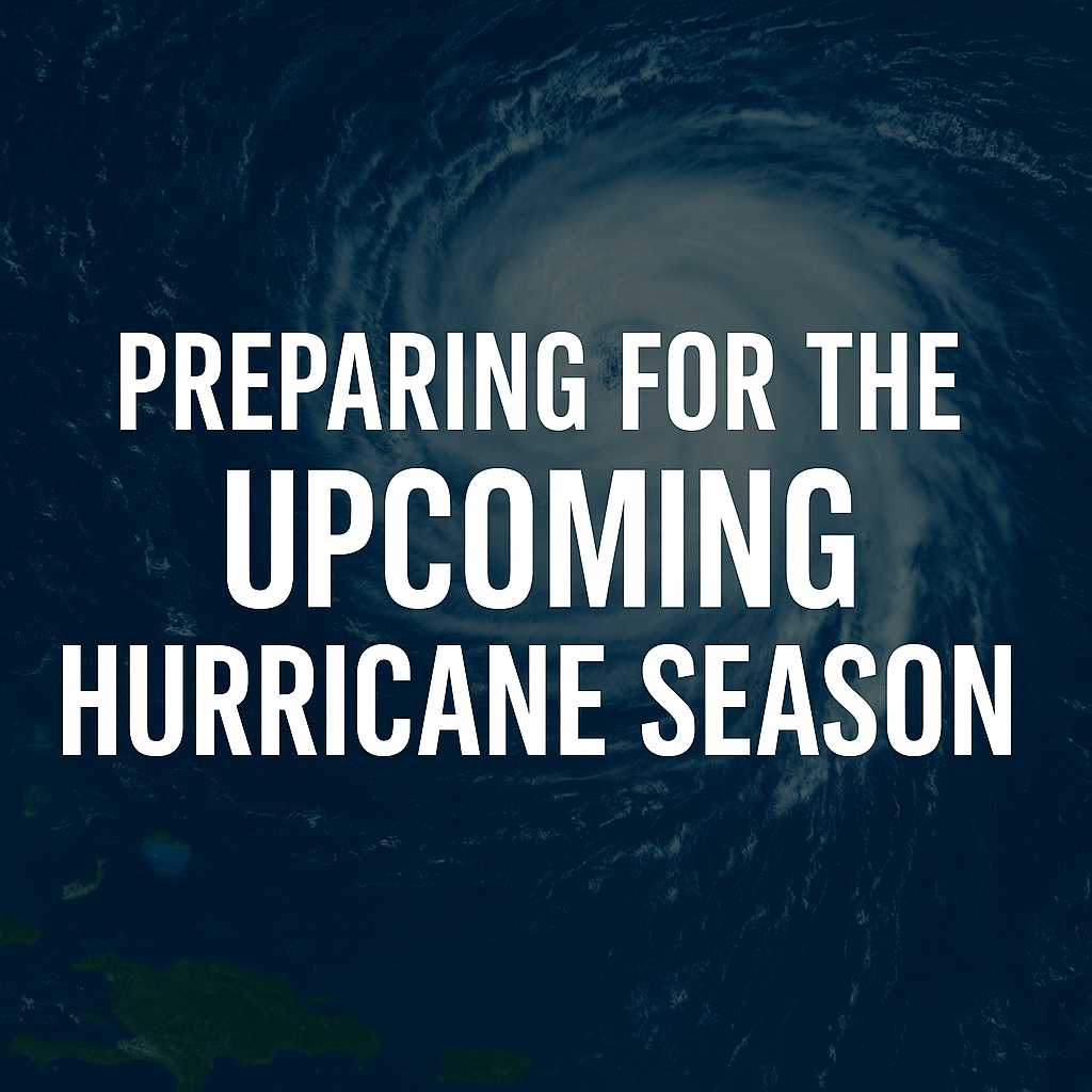 Stormy ocean with dark clouds and bold text saying 2025 Hurricane Season in Orlando – hurricane preparation concept