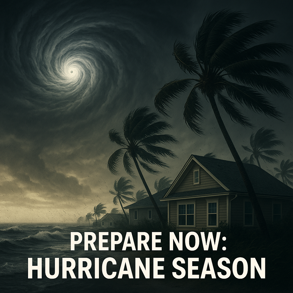 Illustration of a hurricane approaching coastal Florida with dark clouds, homes, and palm trees blowing in the wind. Text overlay says "Prepare Now: Hurricane Season." Represents the urgency of storm preparedness in Kissimmee, Florida.