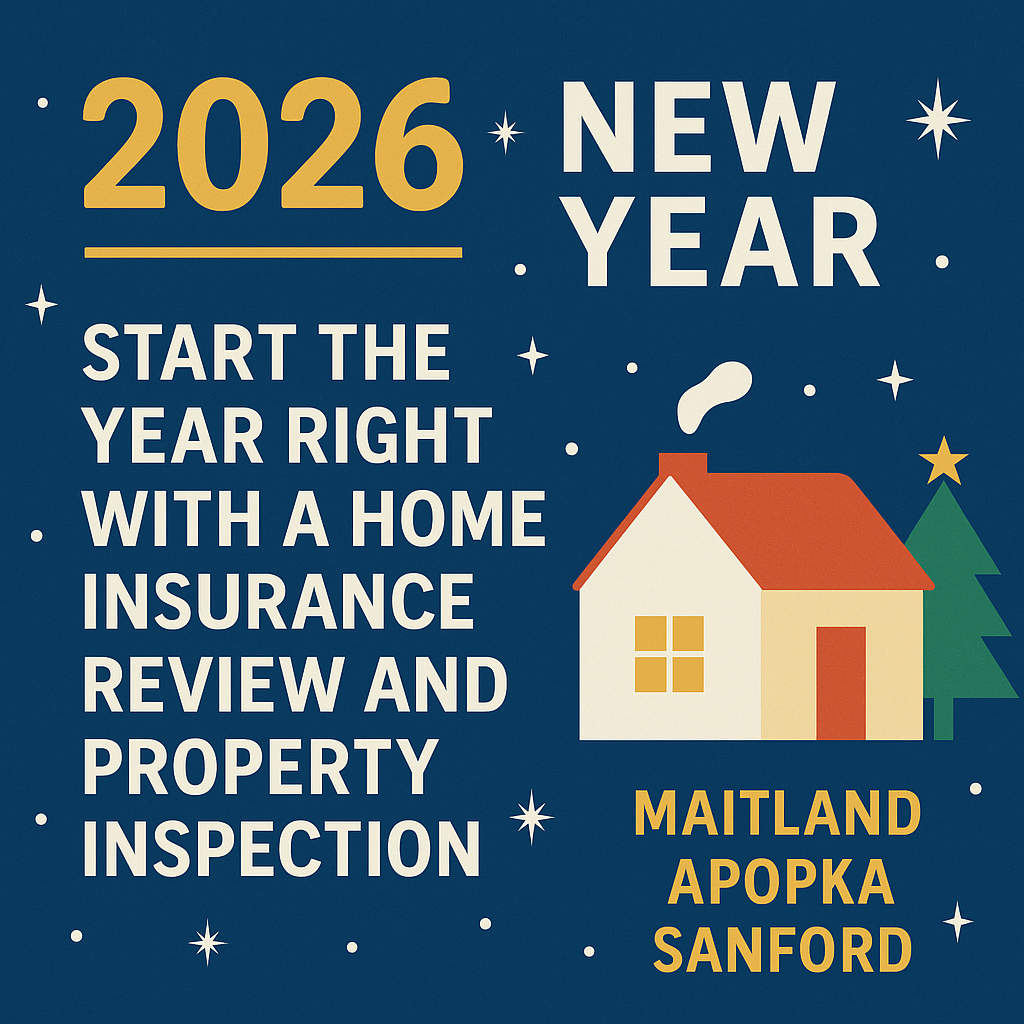 2026 New Year home insurance review and property inspection graphic for homeowners in Maitland, Apopka, and Sanford Florida