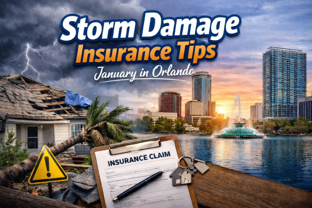 Storm-damaged home in Orlando with insurance claim form, storm clouds, and city skyline — Claim Resource Public Adjusters