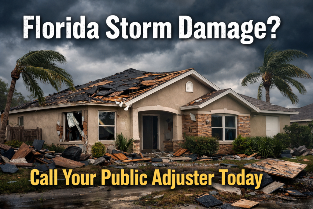 Damaged Florida home after hurricane with broken roof and debris — Call your public adjuster today