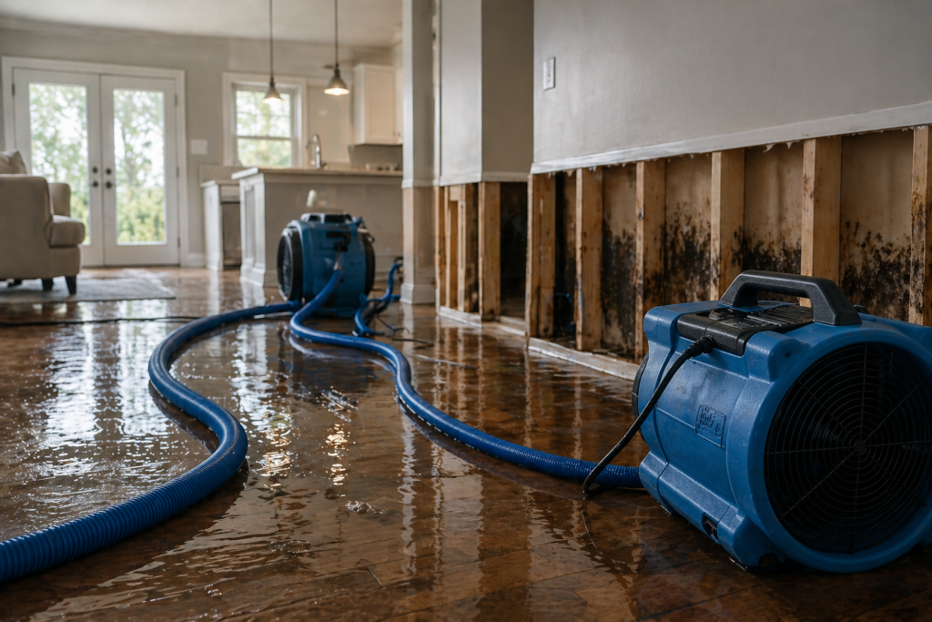 Water mitigation equipment drying a Florida home after a property water loss and water damage claim in the Orlando area