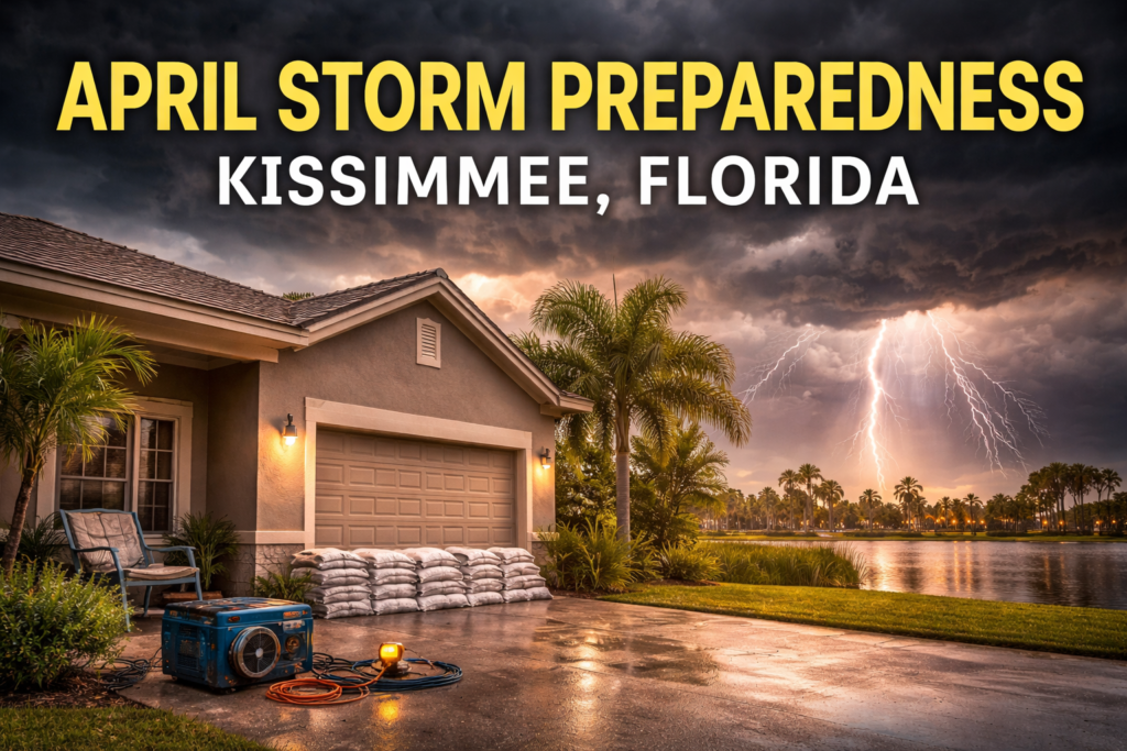 April Storm Preparedness in Kissimmee, Florida: Protecting Your Property Before Hurricane Season 1 April storm preparedness in Kissimmee Florida with a protected home, sandbags, and lightning storm approaching