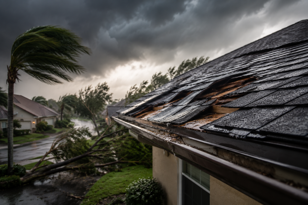 Storm-damaged Florida home with roof damage, fallen tree, and severe weather during August hurricane season.
